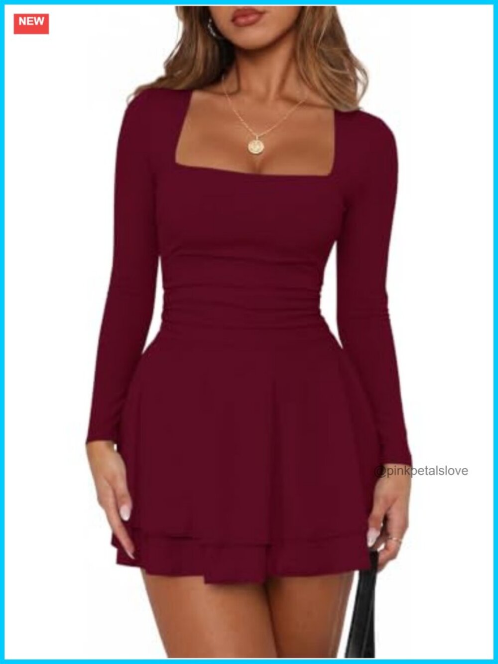 Women's Square Neck Ruffle Hem Long Sleeve Bodycon Mini Dress